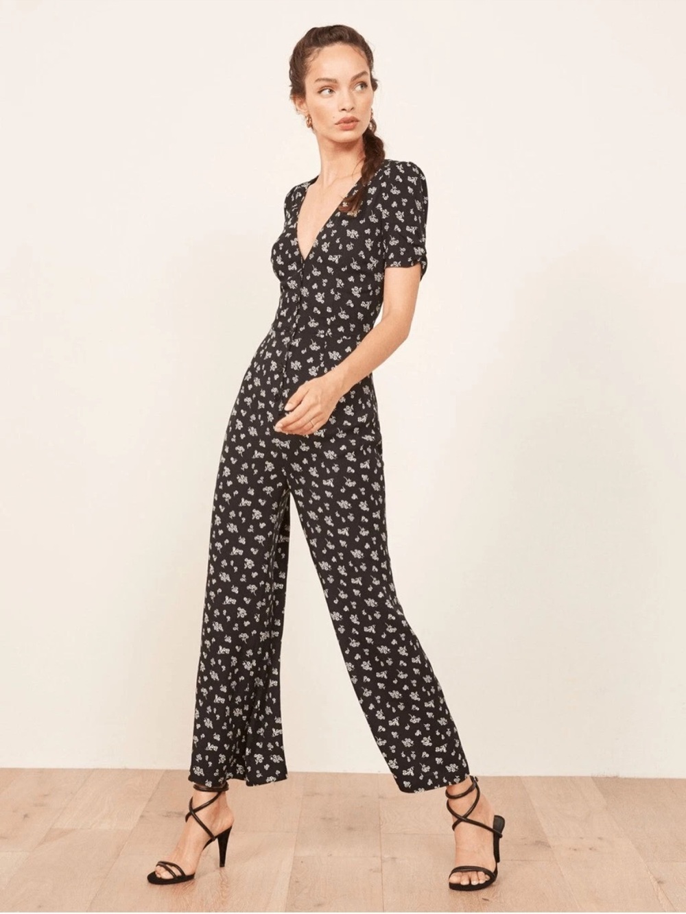 Reformation Black Floral Wide-Leg Jumpsuit size 0